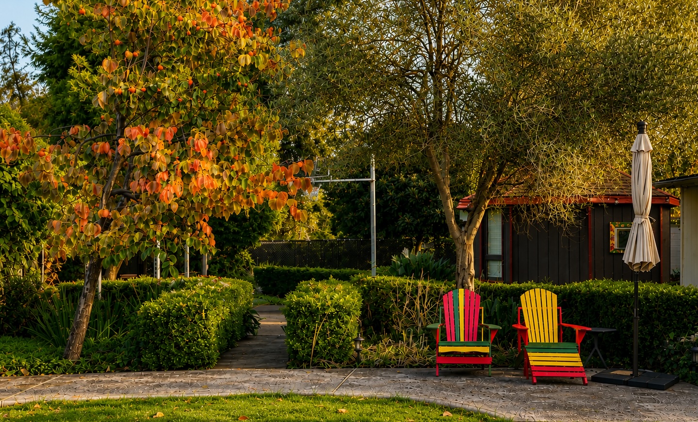 The backyard garden where Freshstart began, with fruit trees and a stone path