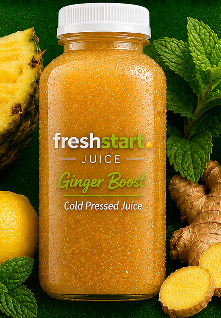 Freshstart cold-pressed juice bottle with fresh ingredients