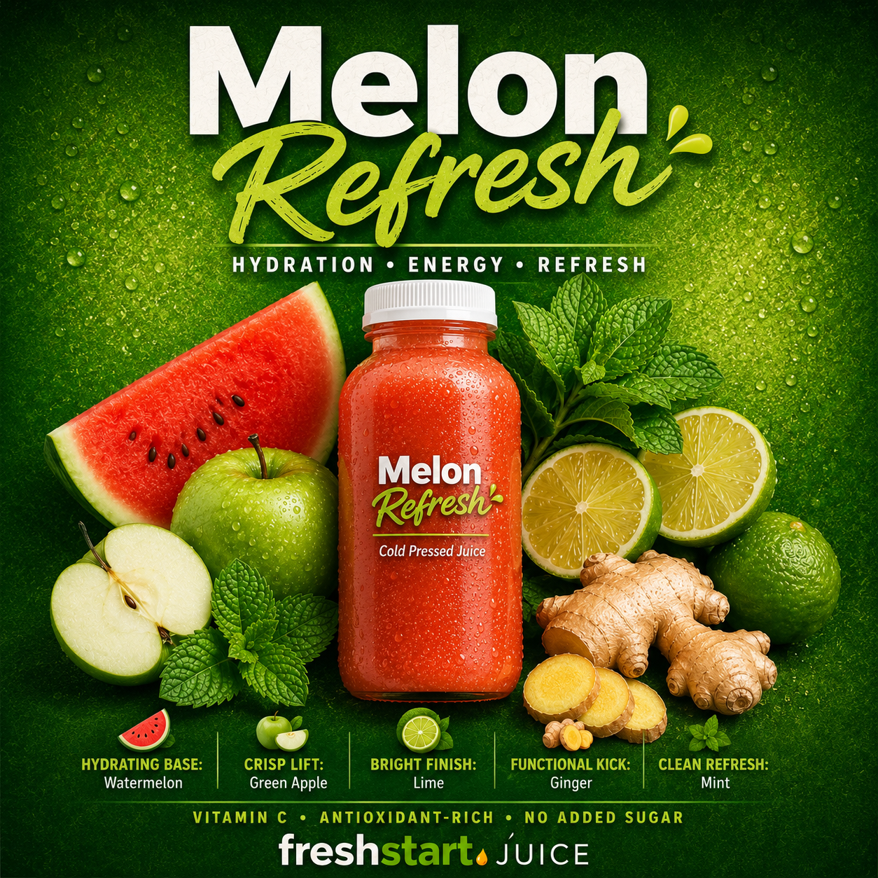 Melon Refresh cold-pressed juice with watermelon, green apple, lime, ginger and mint