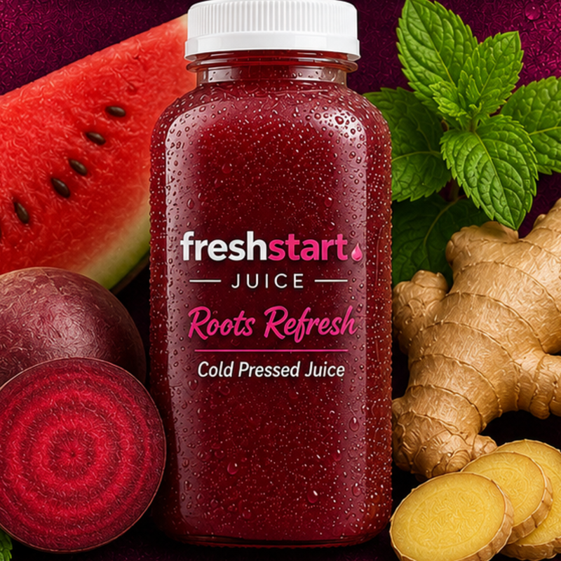 Roots Refresh cold-pressed juice bottle